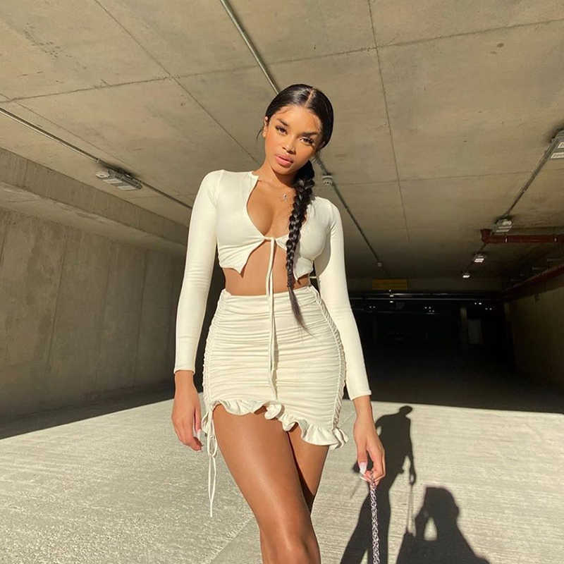 Colysmo Autumn Crop Tops Ruffles Skirts Sets Women Two Piece Set Sexy Chest Lace Up Ruched Party Club Clothes 210527