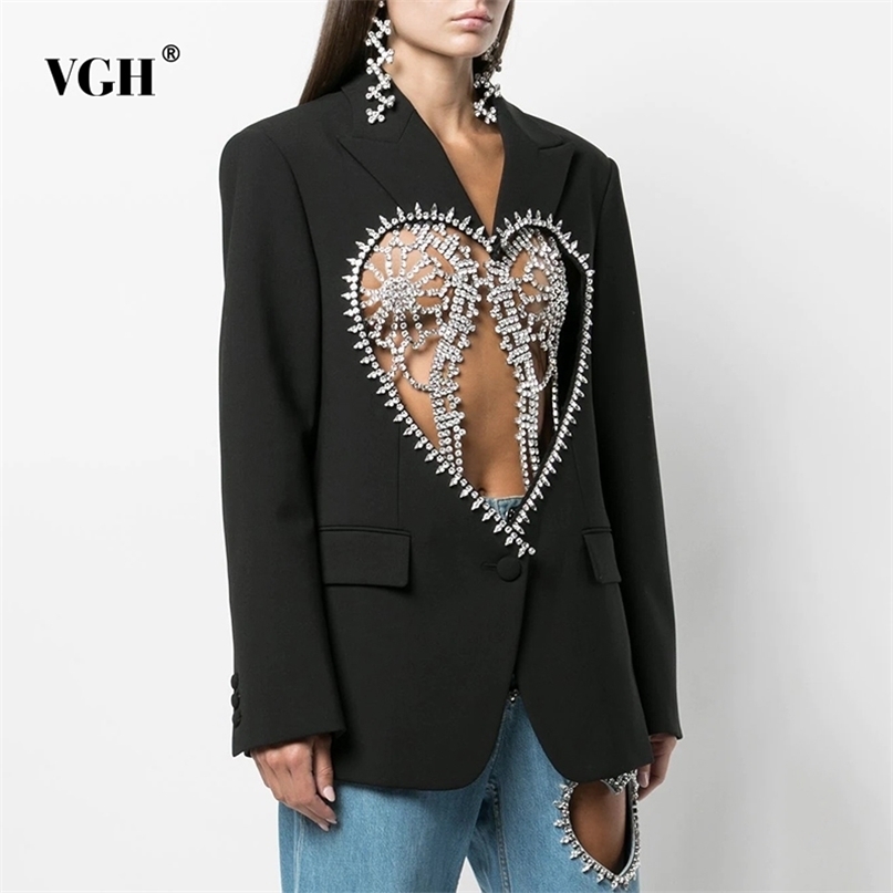 VGH Black Casual Patchwork Diamonds Female Blazers Notched Long Sleeve Korean Fashion Cut Out Loose Jackets Autumn Clothing 211122