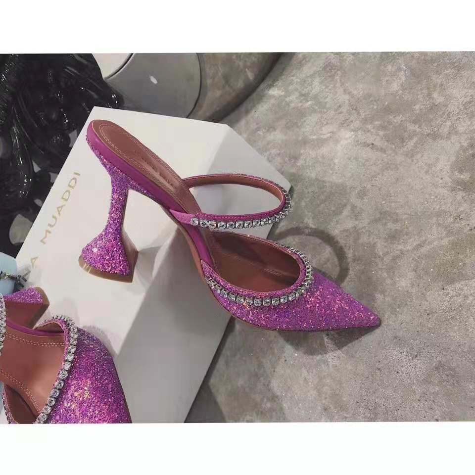 Amina Muaddi Women 95mm sandals Gilda Embellished Glitter Mules Amina Muaddi Crystal High Heel Sexy shoes
