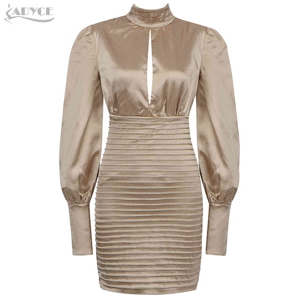 Winter Women Apricot Backless Bodycon Club Dress Sexy Hollow Out Lantern Long Sleeve Celebrity Runway Party 210423