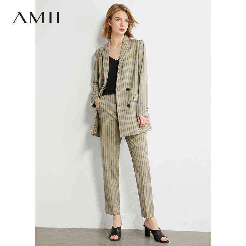 Minimalism Autumn Woman Suit Coat Fashion Olstyle Stripe Lapel Blazer Women Causal High Waist Women's Pants 12040362 210527