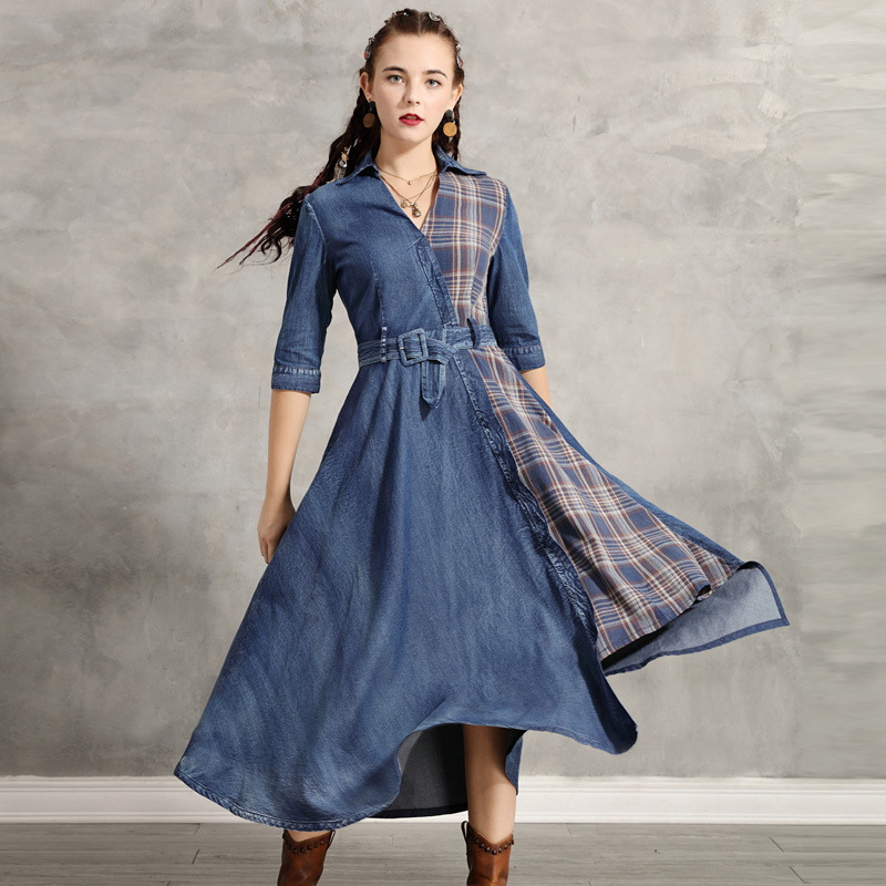 Johnature Asymmetrical Denim Dress Women Clothes Autumn Vintage Plaid Turn-down Collar Patchwork Sashes Women Dresses 210521, Blue
Johnature Asymmetrical Denim Dress Women Clothes Autumn Vintage Plaid Turn-down Collar Patchwork Sashes Women Dresses 210521, Blue