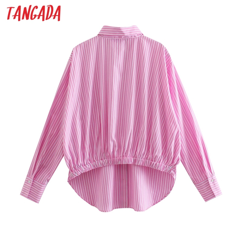 Women Vintage Pink Striped Print Crop Long Sleeve Chic Female Casual Shirt JE23 210416