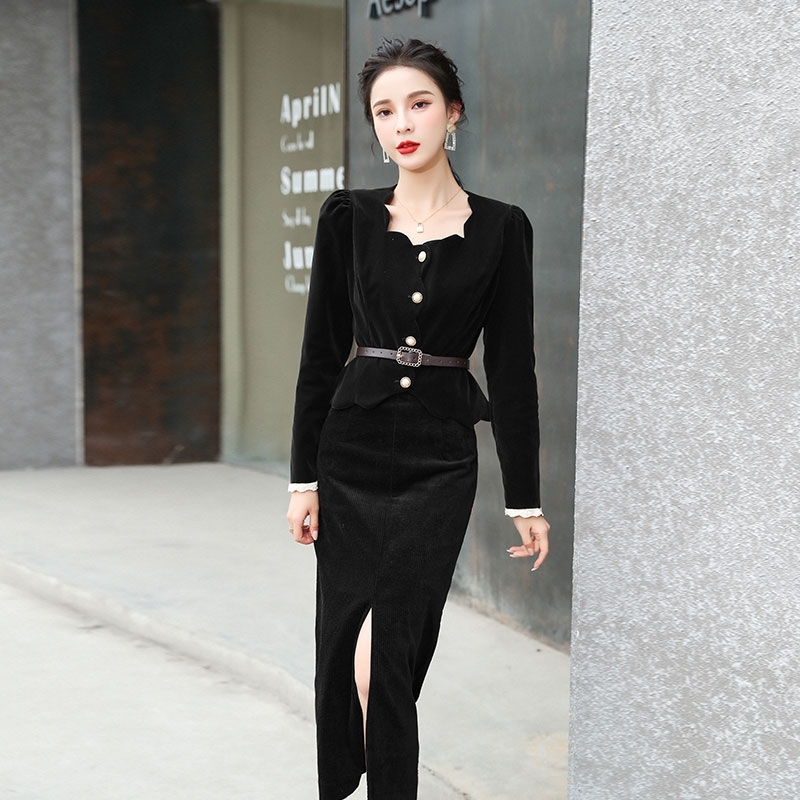 Korean Spring Vintage Office OL Velvet Fashion 2 Piece Sets Women Elegant Square Collar Slim Shirt + Bodycon Pencil Skirts Suit 210519