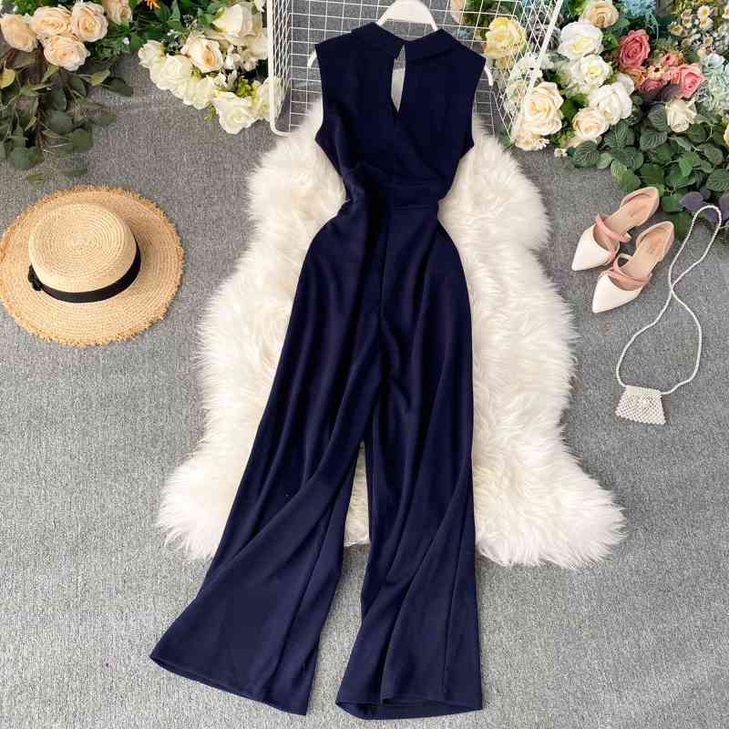 Women Notched Sleeveless Hollow High Waist Wide Leg Jumpsuits Lady Solid Color Overalls K508 210527