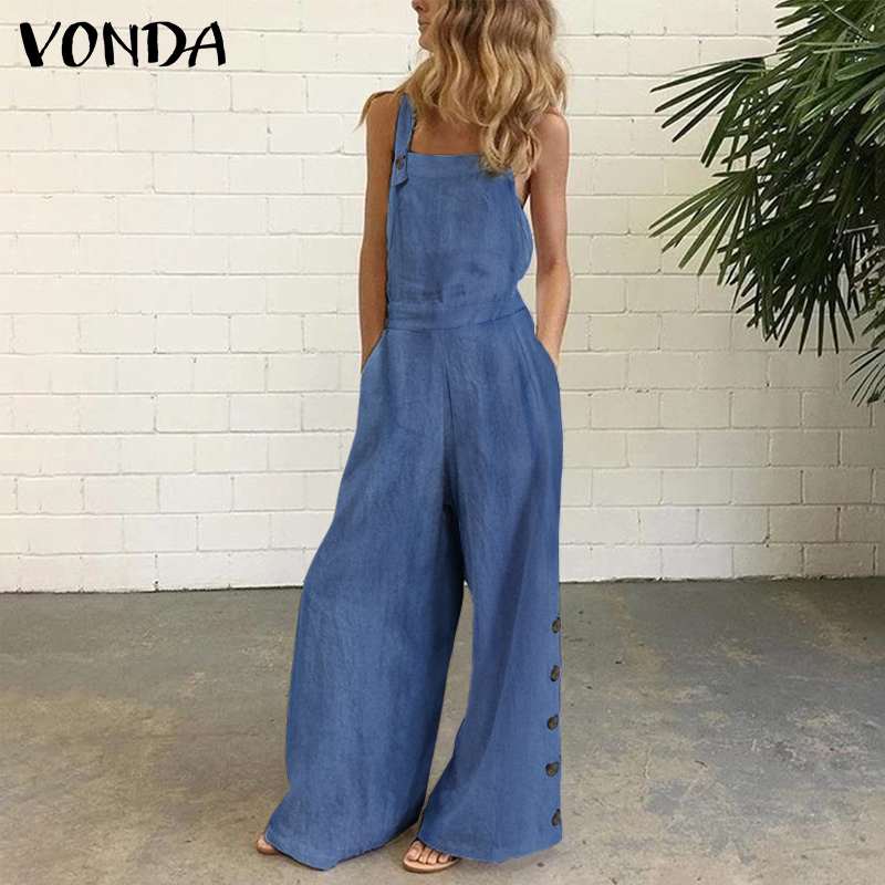 Women Jumpsuits 2021 VONDA Rompers Vintage Pockets Buttons Wide Leg Pants Female Jumpsuit Summer Overalls Plus Size Playsuits, Light blue
Women Jumpsuits 2021 VONDA Rompers Vintage Pockets Buttons Wide Leg Pants Female Jumpsuit Summer Overalls Plus Size Playsuits, Light blue