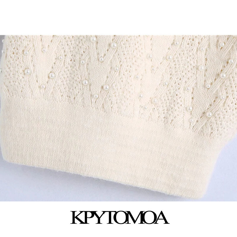 Women Fashion With Faux Pearls Knitted Sweater Bow Tie O Neck Puff Sleeve Female Pullovers Chic Tops 210420