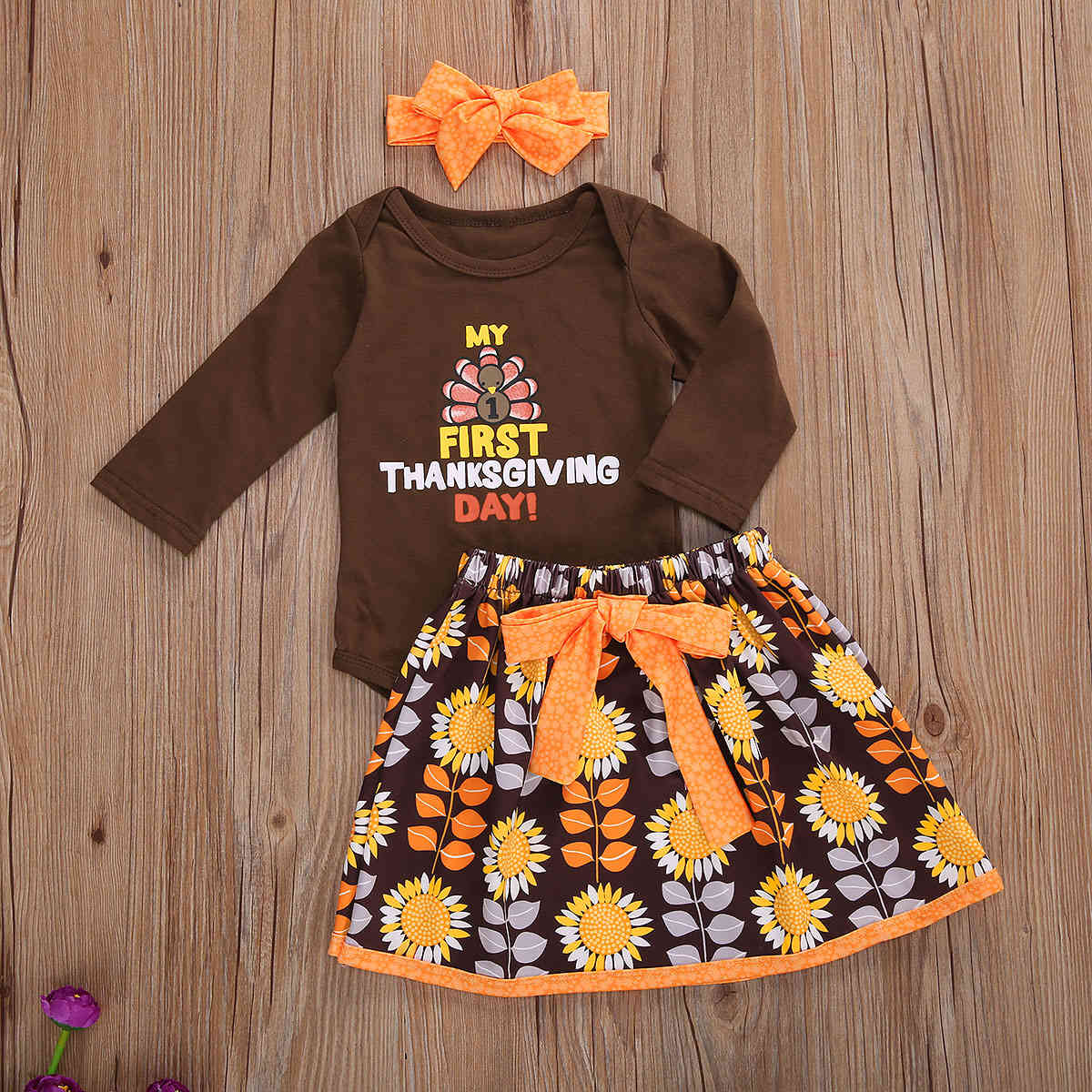 0-24M MY 1st Thanksgiving Day born Infant Baby Girl Clothes Set Cartoon Turkey Romper Flower Skirts Outfits Party 210515