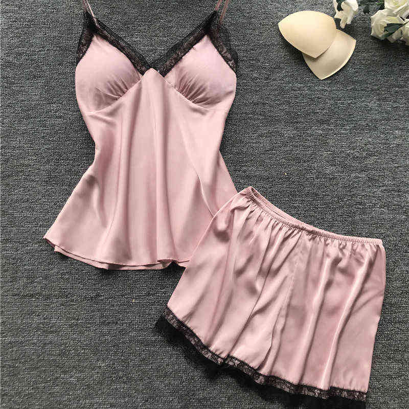 QWEEK pajamas for woman home clothes Silk Sexy Lace Pyjamas Satin Sleepwear Pijama Homewear Summer with Chest Pads 211112wtt