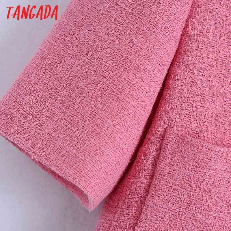 Women Pink Tweed Blazers Coat Vintage Notched Collar Short Sleeve Fashion Female Outerwear Chic Tops BE519 210416