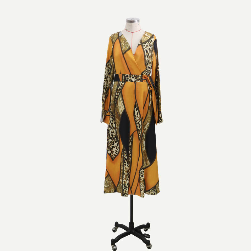 Women Dress V Neck Flare Sleeve Printed Bohemia es Sexy Long Print Maxi Lace Up Large Hem Plus Size es 210513