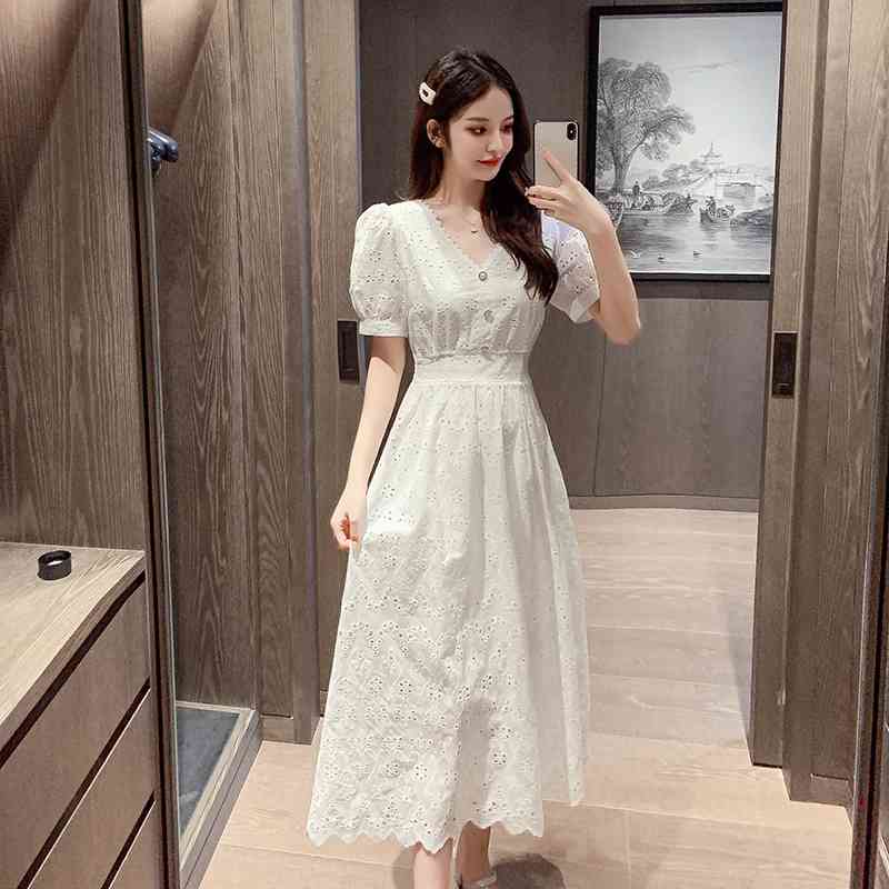 Fashion Runway Summer Dress Women Short Sleeve Elegant Ruffle Hollow Lace Embroidery Mid-Length White 210520