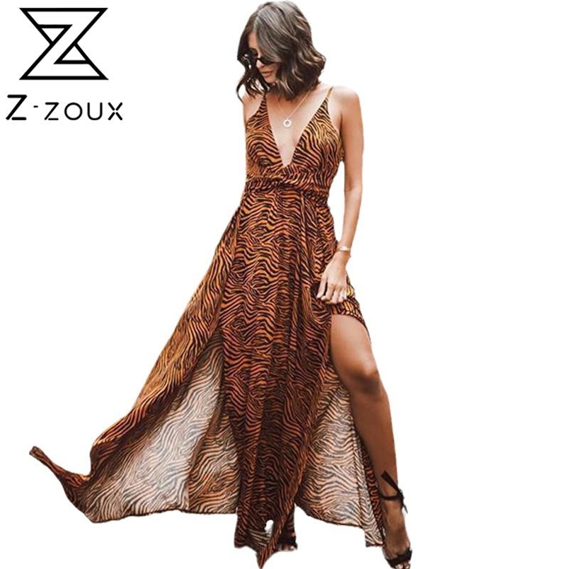 Women Dress V Neck Sleeveless Striped Bohemia es Sexy Long Print Maxi Backless Large Hem Summer es 210513