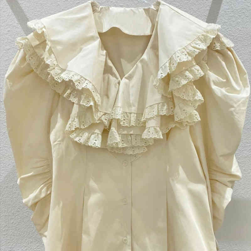 Nomikuma Sweet Elegant Double Lace Peter Pan Collar Blouse Top Causal Puff Sleeve Korean Women Shirt New Blusas Mujer 6G916 210427