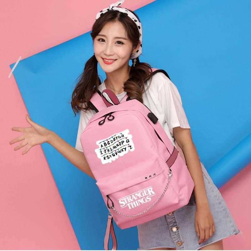 Female backpack Stranger Things Canvas Backpack Canvas Student Schoolbag Women Letters Print Girls Ribbons USB Charge Backpack Y0804