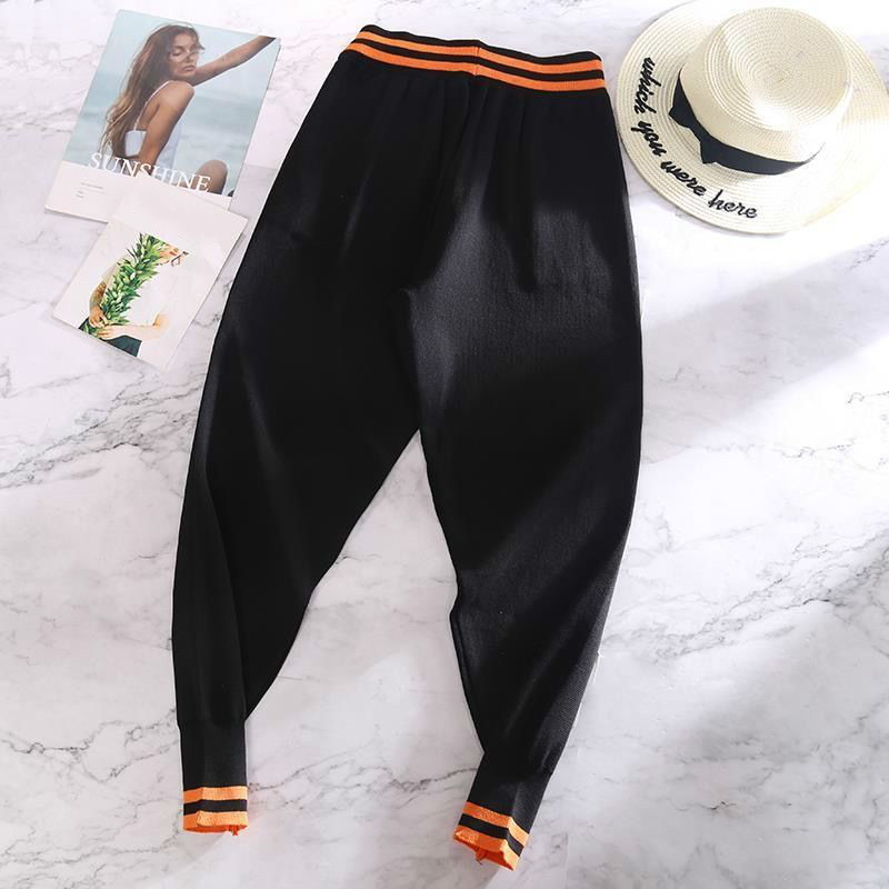 Nomikuma Knitted Stripe Harem Pants Autumn Winter Thick Sweater Women Trousers Lace Up Stretch High Waist Ankle Pants 6C815 210427