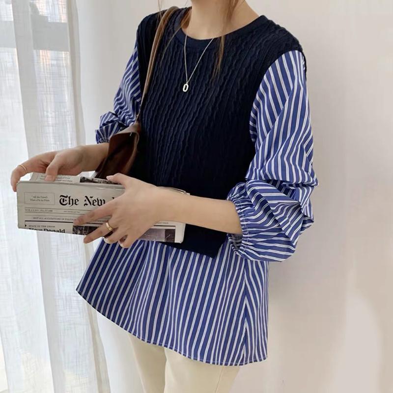 Women's Blouses & Shirts Autumn 2021 Korean Fashion Temperament Fake Two Stripe Splicing Loose Casual Blouse Round Neck 7-point Sleeve Simpl, Blue
Women's Blouses & Shirts Autumn 2021 Korean Fashion Temperament Fake Two Stripe Splicing Loose Casual Blouse Round Neck 7-point Sleeve Simpl, Blue