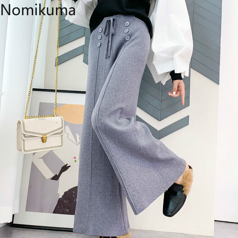 Nomikuma Knitted Buttons Wide Leg Pants Lace Up High Waist Women Trousers Autumn Winter Causal Solid Sweater Pants 6D307 210427