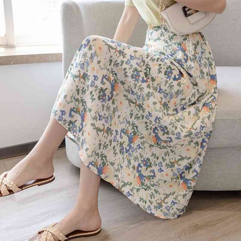 Summer Elegant Floral Printed Midi Skirts High Waist Bohemian Female Casual A-Line 210519