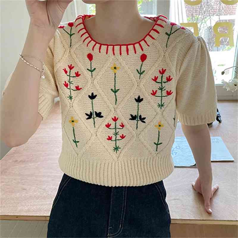 Korejpaa Women T-Shirt Summer Korean Chic Sweet Strawberry Cream Hand-Crocheted Round Neck Puff Sleeve Knitted Pullovers 210526