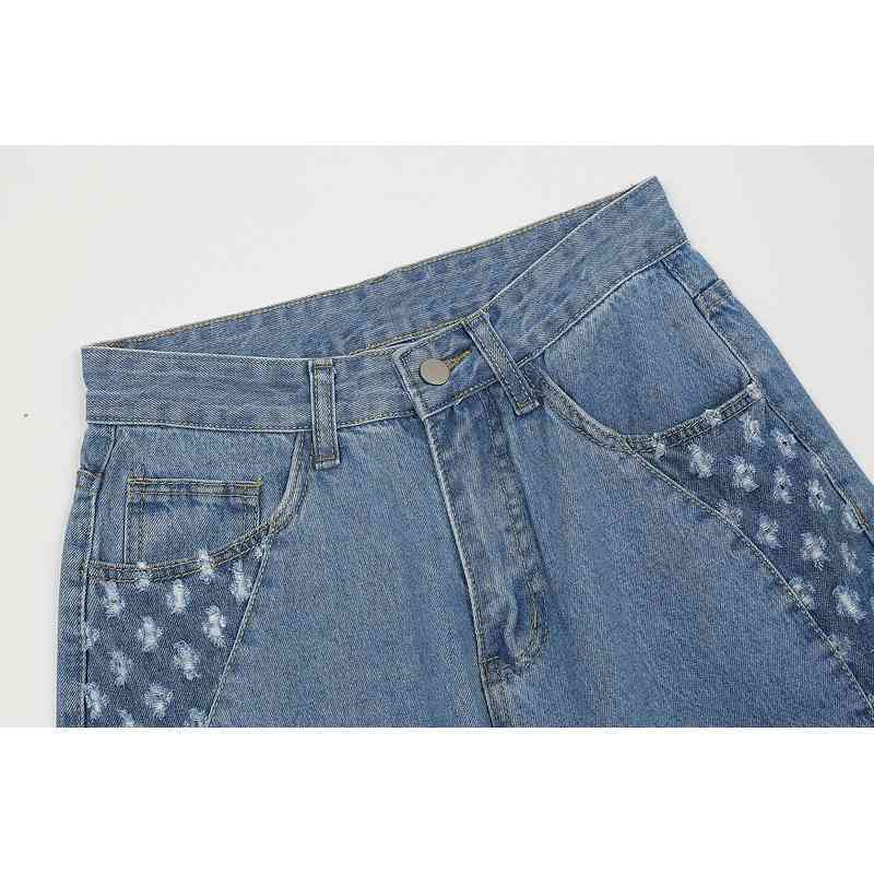 IEFB Washable Patchwork Color Contrast Hole Blue Wide Leg Jeans Men's Spring High Street Straight Denim Pants Casual 210524