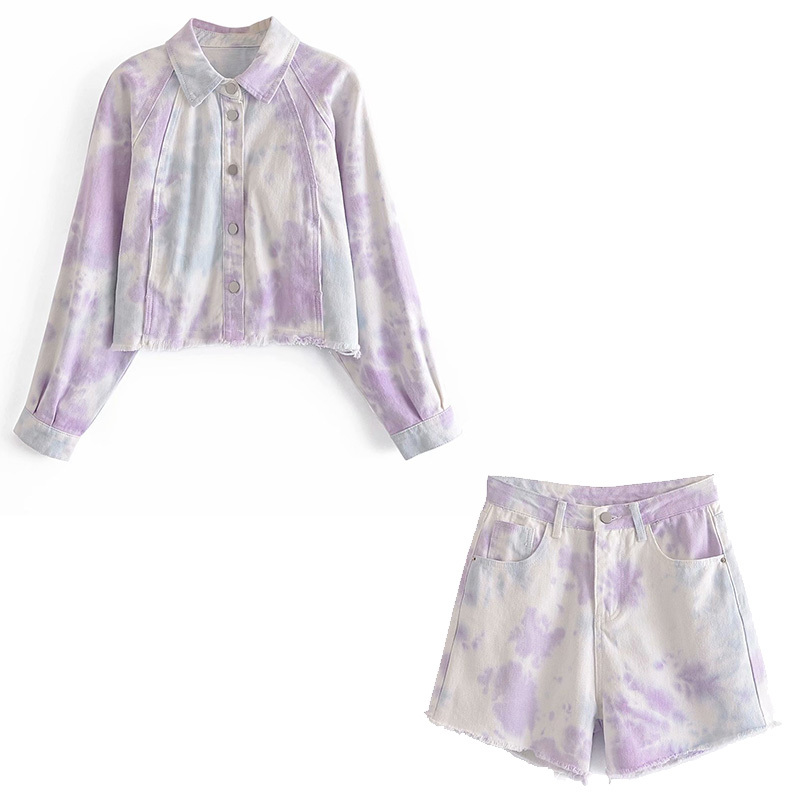 Summer Women 2 Pieces Set Tie Dye Denim Cropped Jacket And Shorts Suit Chic Lady Fashion Casual 210517