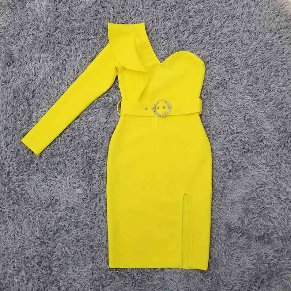 Free Sexy Yellow Bandage Dress Women One Shoulder Long Sleeve Ruffled Belt Bodycon Club Party Vestidos 210524