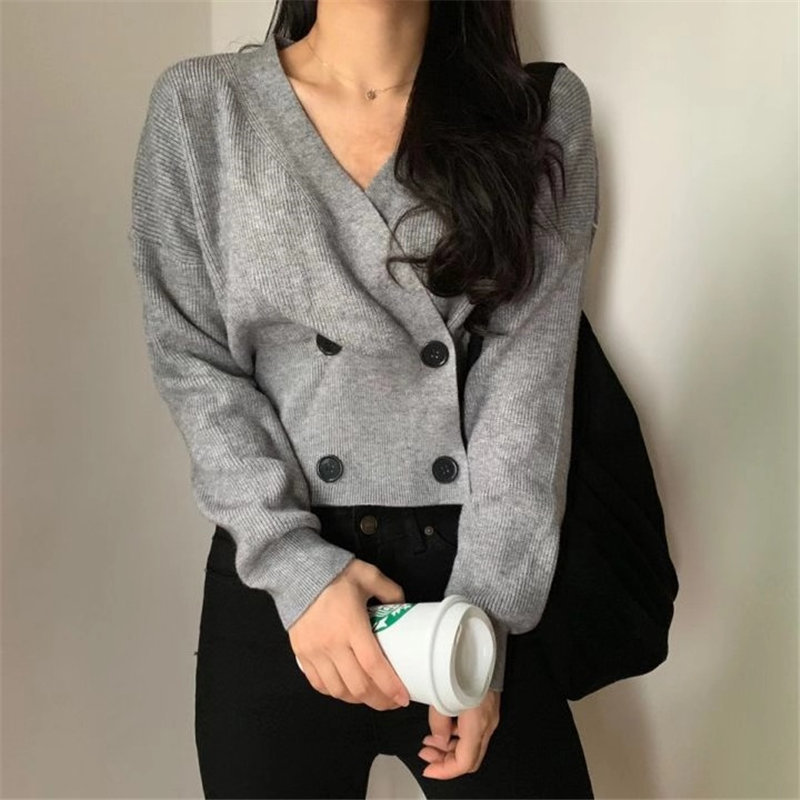 Autumn Loose Sweet Women Girls Warm V-Neck Fashion Female Cross Fresh High Waist Casual Knitted Short Sweaters 210421