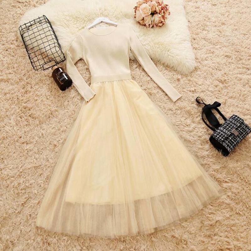 Women Knit Dress Autumn Winter O-Neck Long Sleeve Knitted Patchwork Mesh Dresses Female Elegant Fluffy Dress Vestidos 210521