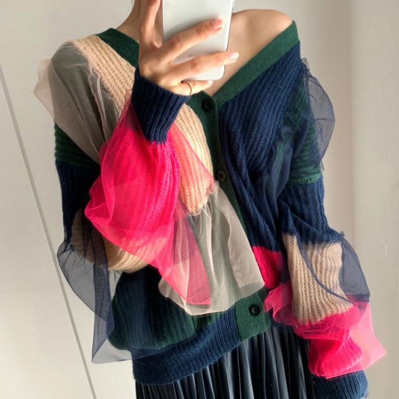 Nomikuma Mesh Ruffle Patchwork Sweater Coat Causal V-neck Hit Color Knitted Cardigan Autumn Winter Korean Knitwear 6D266 210427
