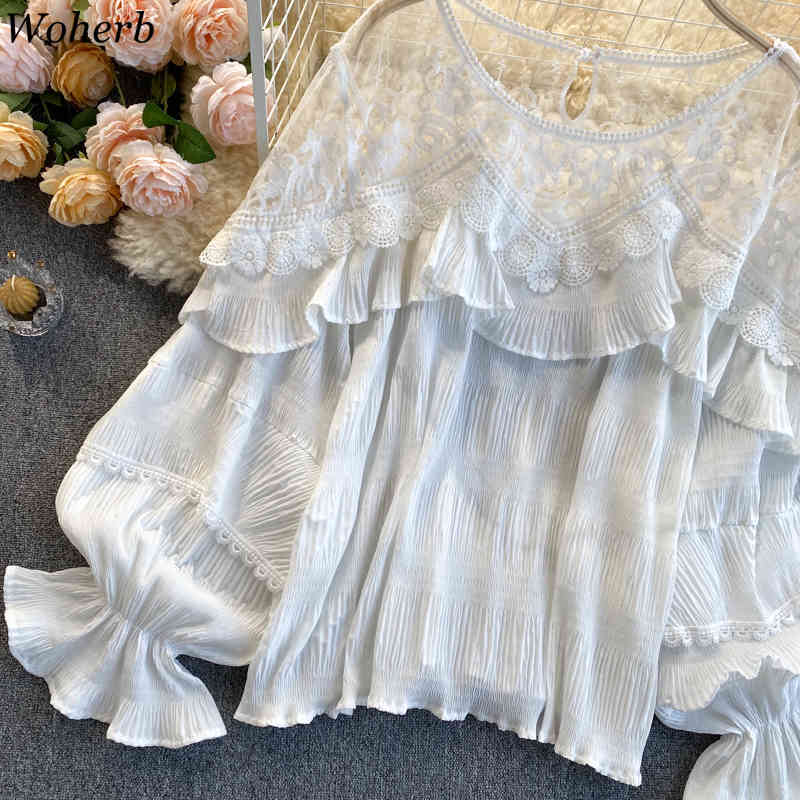 Women Sweet Ruffle Chiffon Blouse Spring Summer Long Sleeve Sexy Mesh Shirts Ladies Lace Blusas Korean Tops Clothes Mujer 210519