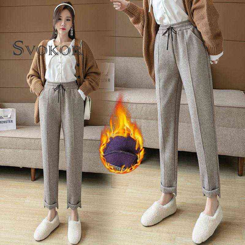 SVOKOR Winter Warm Harlan Pant Plus Velvet Thickening Korean Casual Trouse Woolen Houndstooth 211124Z
