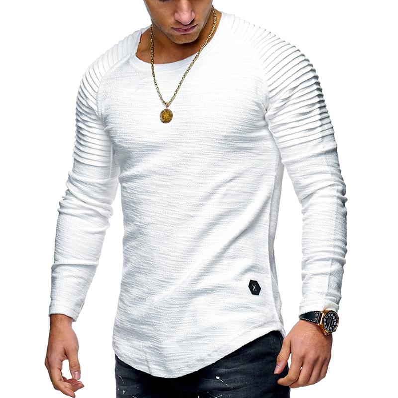 Solid Color Pleated Shirts Patch Long Sleeve Blouse T-Shirt Men Spring Casual Tops Pullovers Fashion Slim Basic Men's T-Shirts