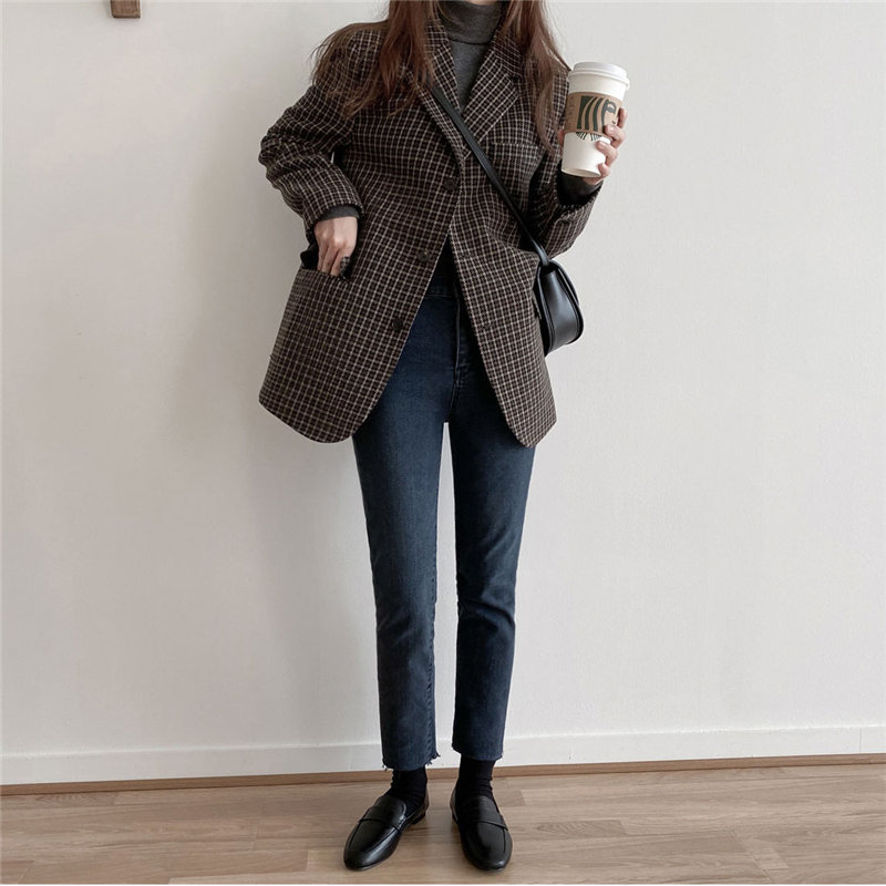 Jacket Plaid Minimalist Women Loose OL Elegant Plus Woolen Vintage Stylish Blazers High Street Coats 210421