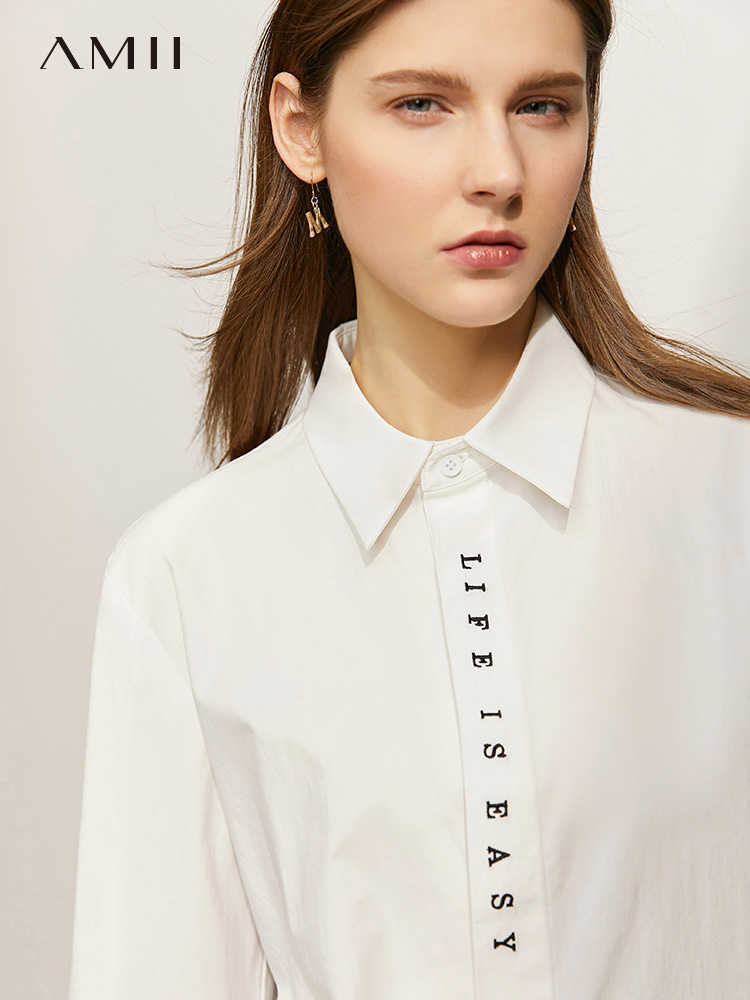 Minimalism Summer Women's Shirt Offical Lady 100%cotton Letter Embroidery Lapel Loose Blouse Tops 12130199 210527