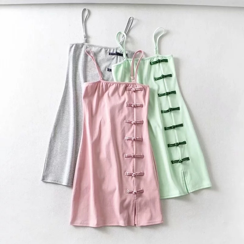 Summer Fashion Women Chinese Style Mini Dress Bow Cheongsam Sexy Cami Suspenders Vintage JTBR 210603