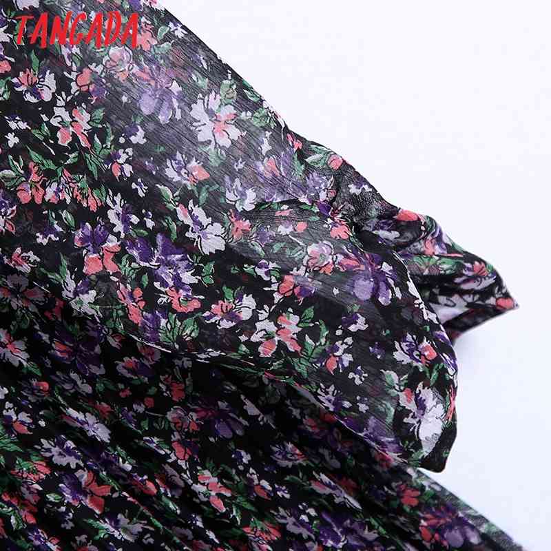 Women Floral Print Pleated Chiffon Dress Back Zipper Long Sleeve Casual Female Short Vestidos BE195 210416