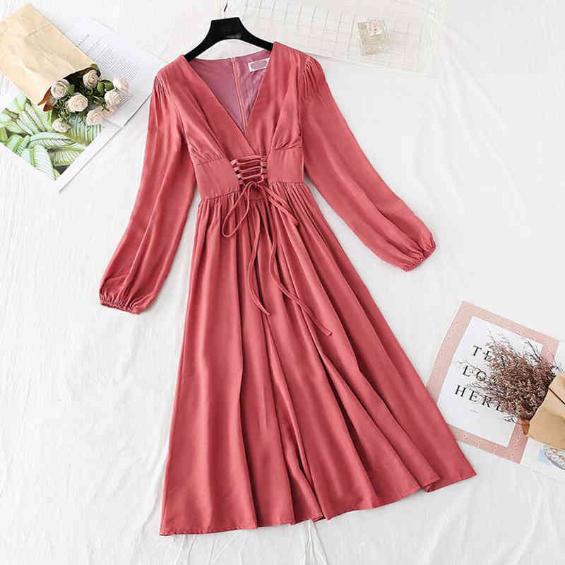 Solid Vintage V-neck Bandage Dress Spring Elegant Slim Party Women Dress High Waist Long Sleeve A-line Dress Midi Vestidos 210521