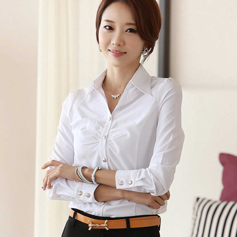 Korean Women Shirts Office Lady V Neck White Woman Chiffon Blouse Basic Blusas Mujer De Moda 210531