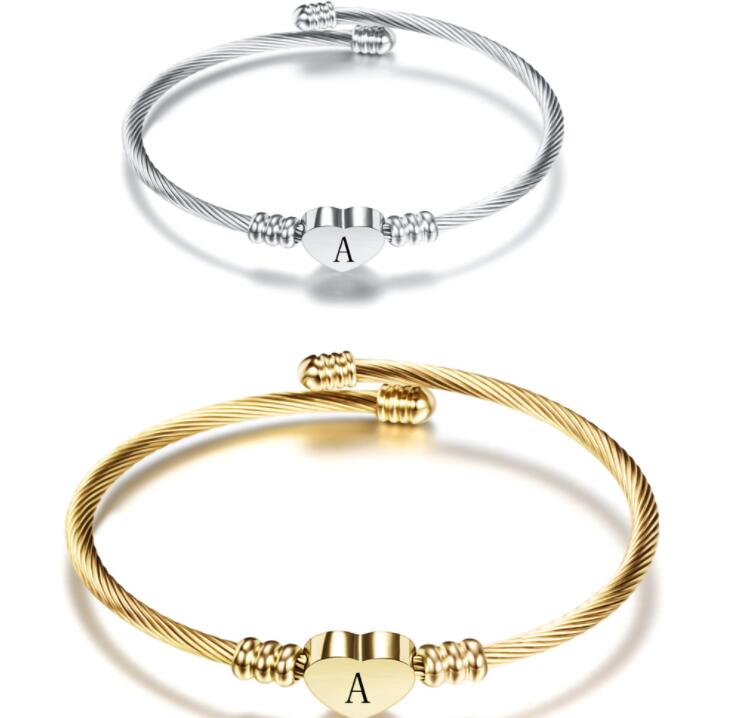 Fashion Heart Charm Bangle With Initial Alphabet Letter Engrave High Quality Women Jewelry Cuff Bangles Wholesale For Party Gift GC473