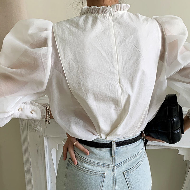Nomikuma Ruffle Stand Neck Women Tops Korean Perspective Mesh Puff Sleeve Patchwork Blouse Causal Spring Blusas Shirt 6E115 210427
