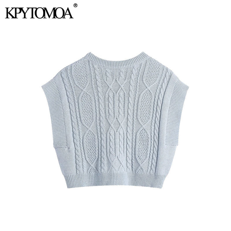 Women Fashion With Cable-knit Cropped Knit Vest Sweater O Neck Sleeveless Female Waistcoat Chic Tops 210420