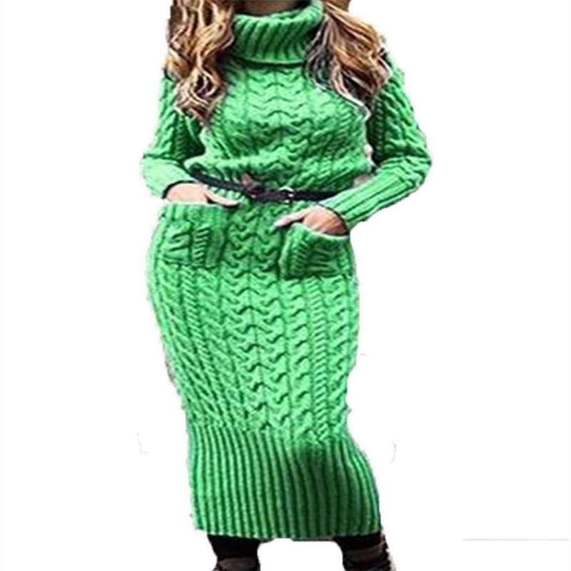 Winter Plus Size Dresses for Women Turtleneck Long Sleeve Pullover Knitted Dress Femme Striped Pattern Pocket Slim Vestido Longo 210604