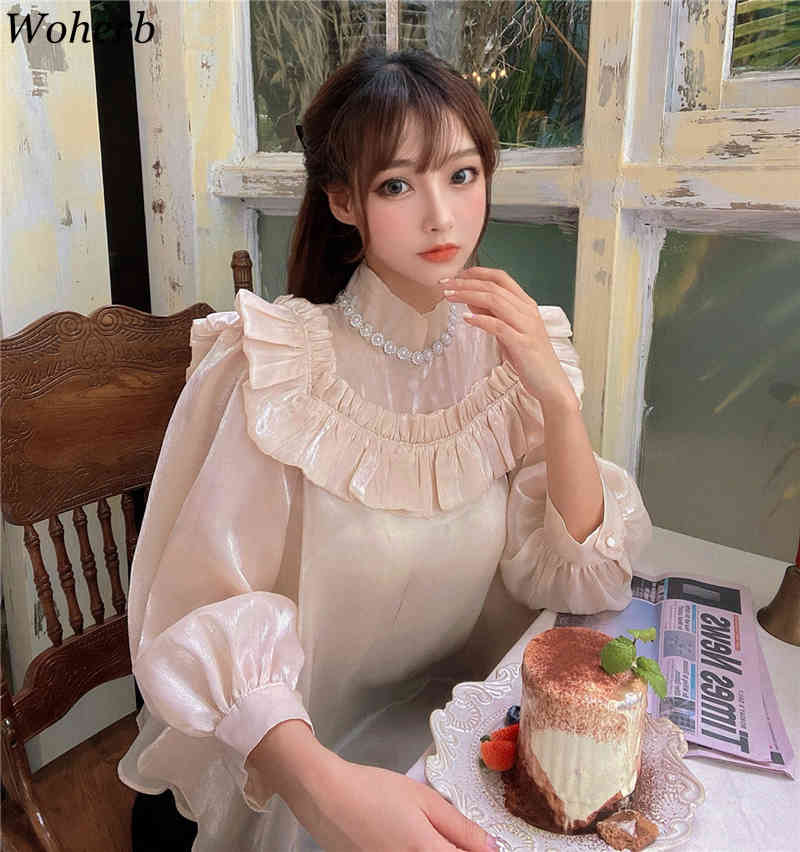 Elegant Glitter Blouse Women Ruffle Patch Turtleneck Long Puff Sleeve Blusas Casual All Match Beading Shirt Chic Top 210519