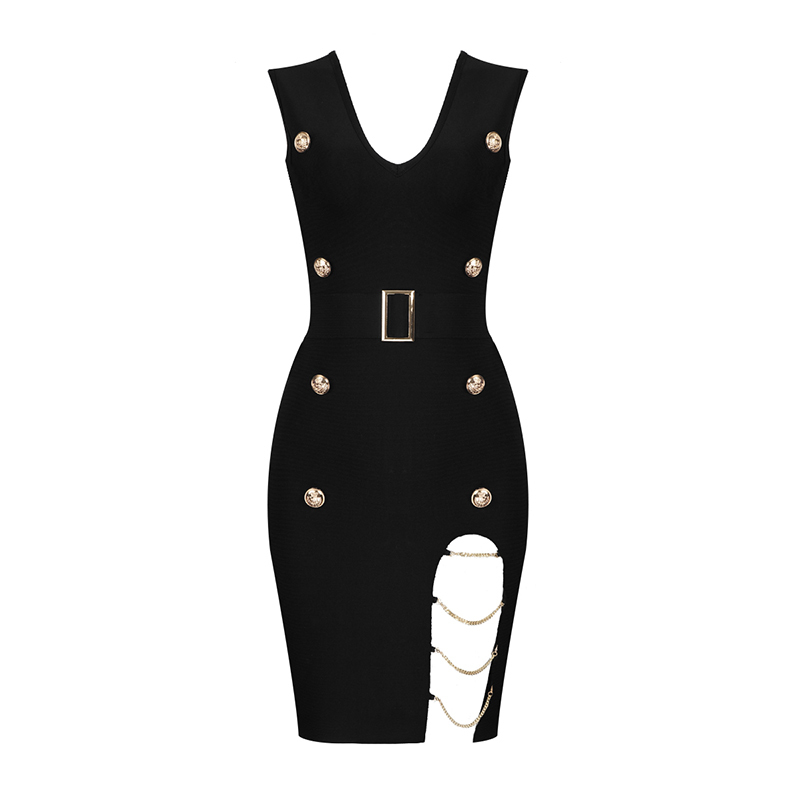 New Women Summer Style Sexy V Neck Chain Red Blue Black Bandage Dress Knitted Elastic Bodycon Elegant Evening Party Dress 210331