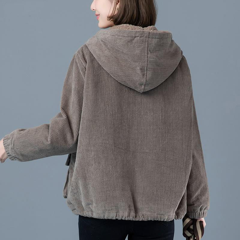 Women Corduroy Coats Autumn Korean Plus Size Velvet Hooded Jackets Female Casual Drawstring Big Pocket Short 210522