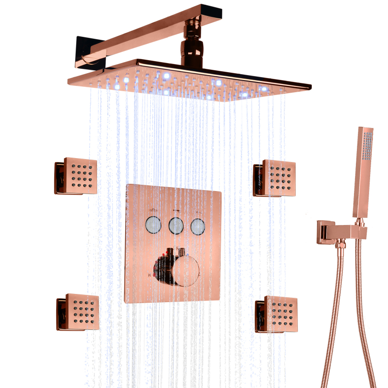 Rose Gold Shower Head Set 8 X12 Inch Luxury Bathroom Thermostatic LED Massage Rainfall Spray Shower Spa
Rose Gold Shower Head Set 8 X12 Inch Luxury Bathroom Thermostatic LED Massage Rainfall Spray Shower Spa