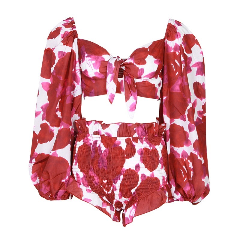 2 Pieces Set Sexy Women Floral Print Tie Bow Crop Top Holiday Elastic Ruched Hem Wood ears Mini Shorts Lantern Long Sleeve Tops 210429