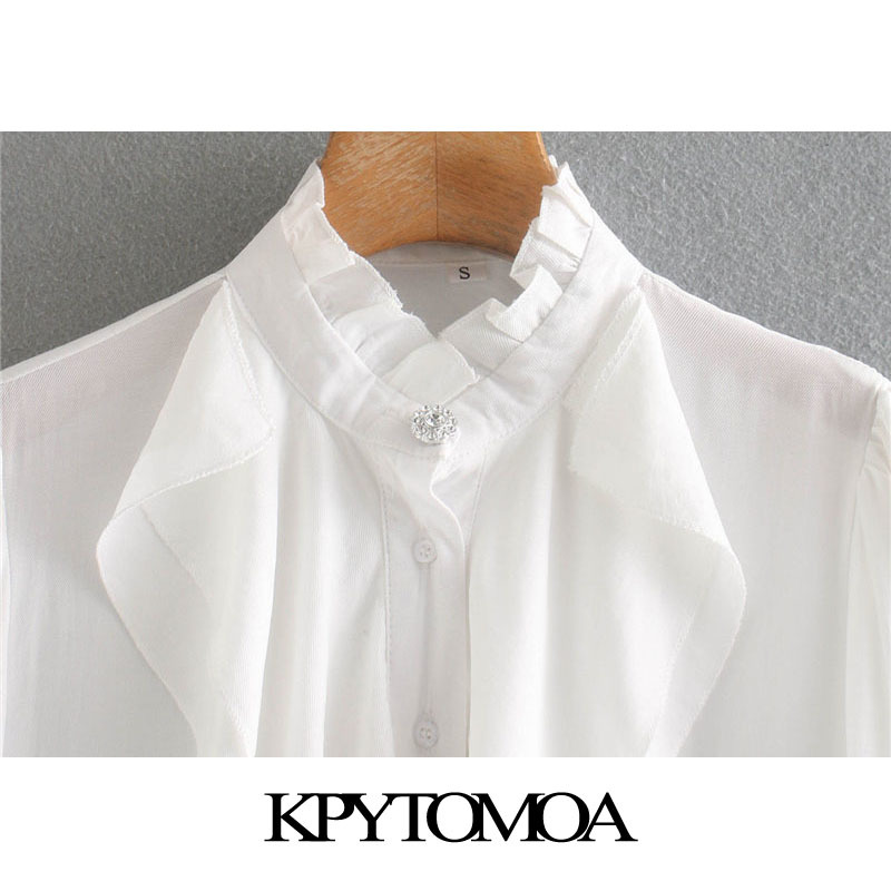 Women Fashion With Ruffle Trims Blouses High Neck Long Sleeve Female Shirts Blusas Chic Tops 210420