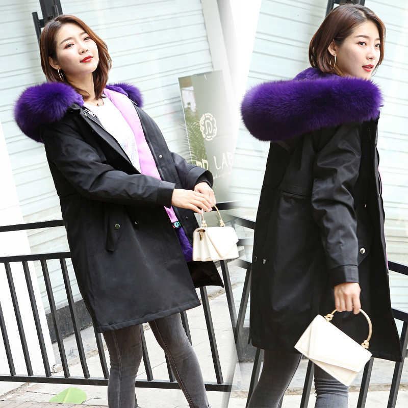 Snow Weather Warm Fur Coat For Women Real Fur Collar Hooded Overcoat Natural White Rex Rabbit Fur Parka Outwear T191024